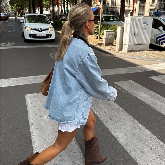 SANDRO DENIM JACKET WITH LEATHER COLLAR FR 34 US 2 - Picture 8 of 8